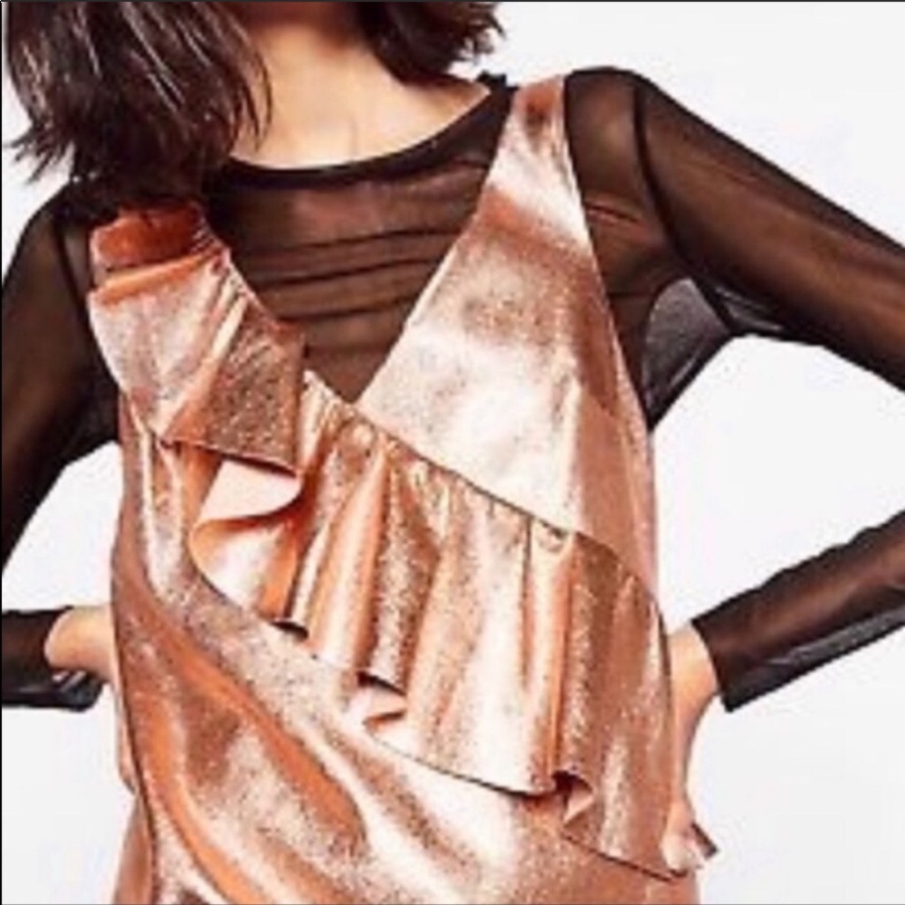 Zara Metallic Ruffle Mini Dress- Rose Gold - Picture 2 of 10